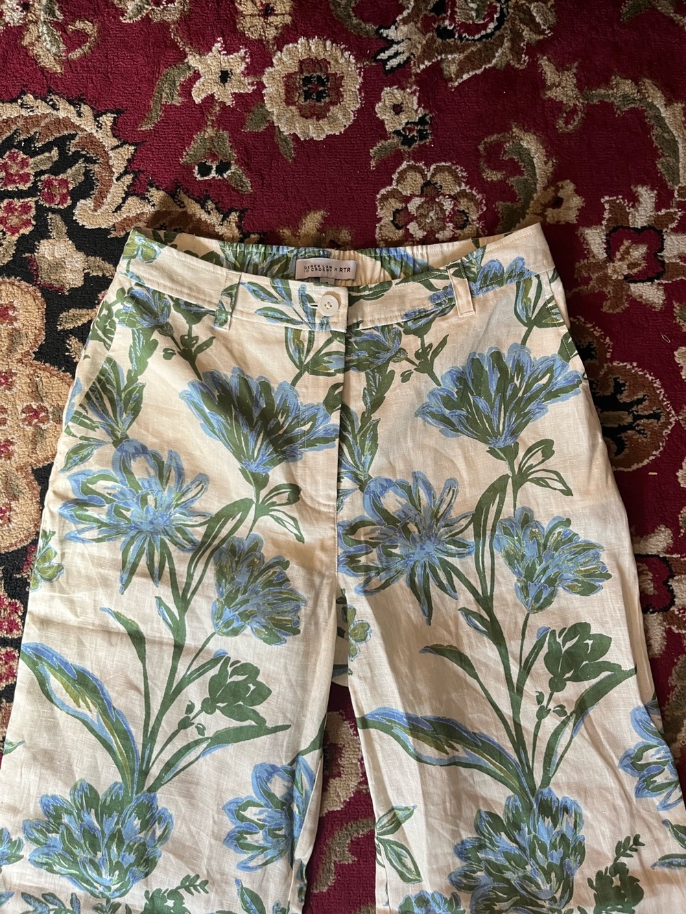 Derek Lam Floral Wide-Leg Linen Jeans - Blue & Green Floral